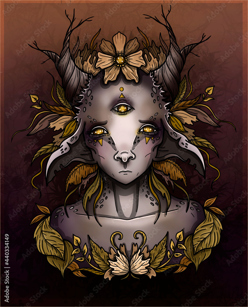 Fantasy face with long ears and branched horns, character close up in  foliage and dark vegetation,