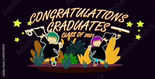 children illustration with text congratulations graduates class of 2021, graphics elements for t-shirts, and the idea for the sign, badge or greeting card and background photo booth
