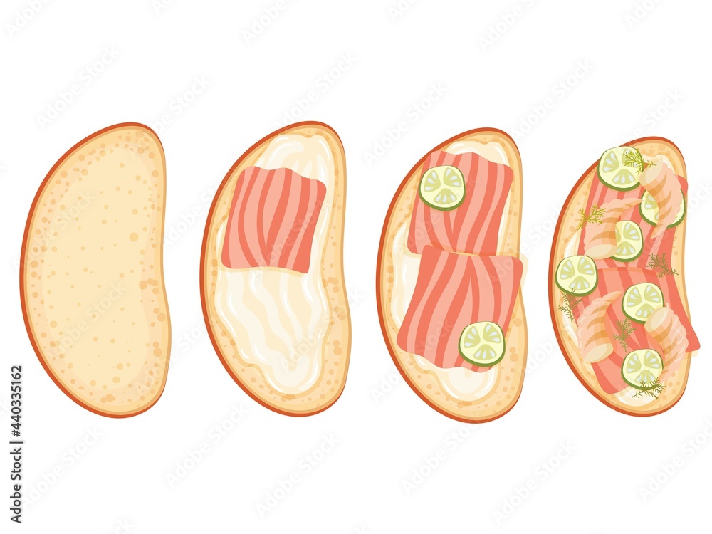 Sandwich with butter and red fish. Slices of salmon and cucumber. Bruschetta. Healthy food recipe. Vegetarianism. Simple drawing in cartoon style. Vector illustration. Sandwich with butter and red fish. Slices of salmon and cucumber. Bruschetta. Healthy food recipe. Vegetarianism. Simple drawing in cartoon style. Vector illustration.