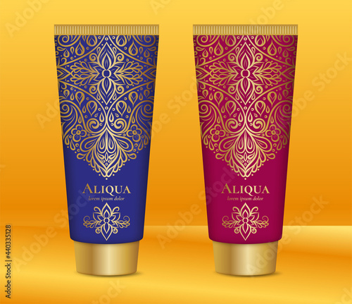 Red, blue and gold packaging design for lotion. Vintage vector ornament. Great for cream and other package types. Can be used for background and wallpaper.