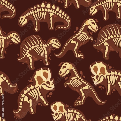 Dinosaur skeleton in cartoon style. The bones of a prehistoric animal underground. Archeology. seamless pattern. Vector illustration. © Oksana