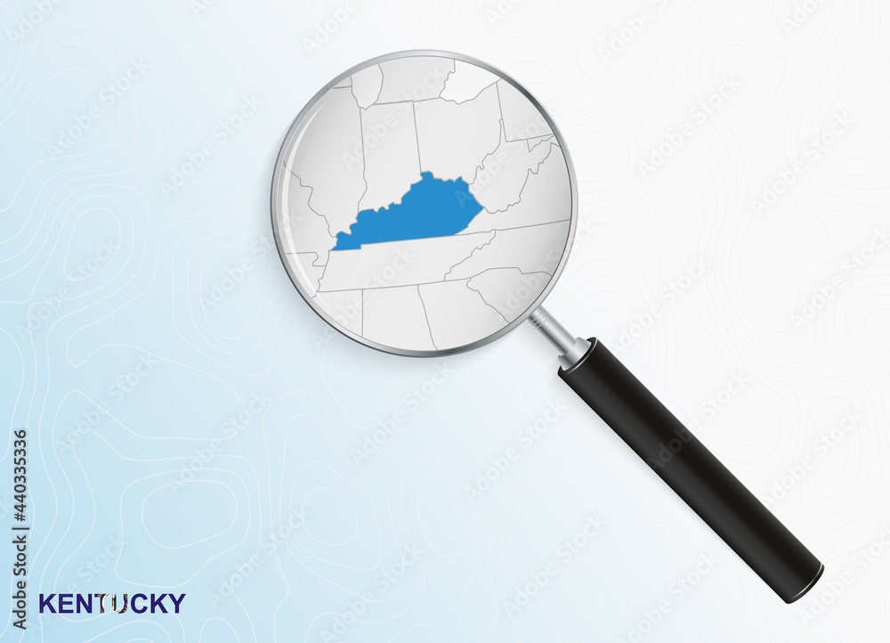Magnifier with map of Kentucky on abstract topographic background. Magnifier with map of Kentucky on abstract topographic background.