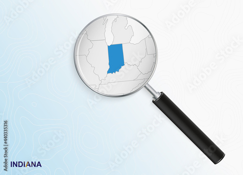 Magnifier with map of Indiana on abstract topographic background.