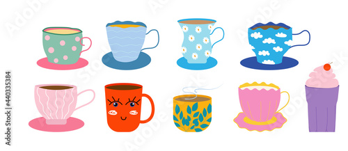 Set of different modern decorated cups vector flat illustration. Different ornaments.Isolated on a white background.