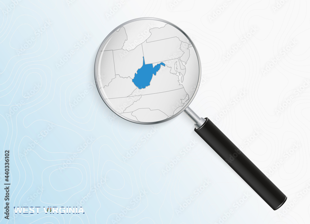 Magnifier with map of West Virginia on abstract topographic background. Magnifier with map of West Virginia on abstract topographic background.