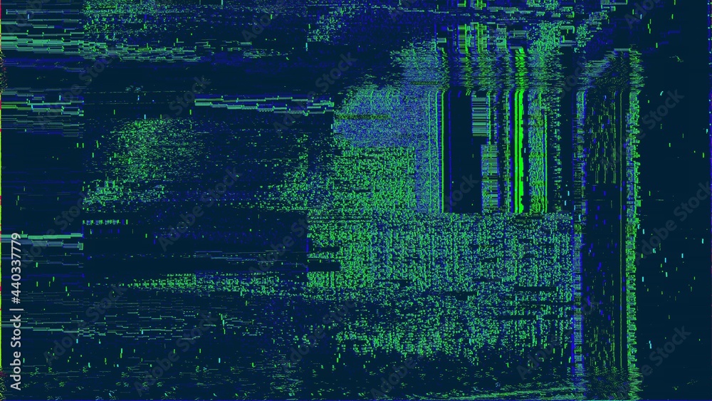 Green blue digital glitched abstract texture of TV signal glitch error and pixel sorting effect in colorful psychedelic colors. 3D illustration of pixelated video damage chaos and cyberpunk background