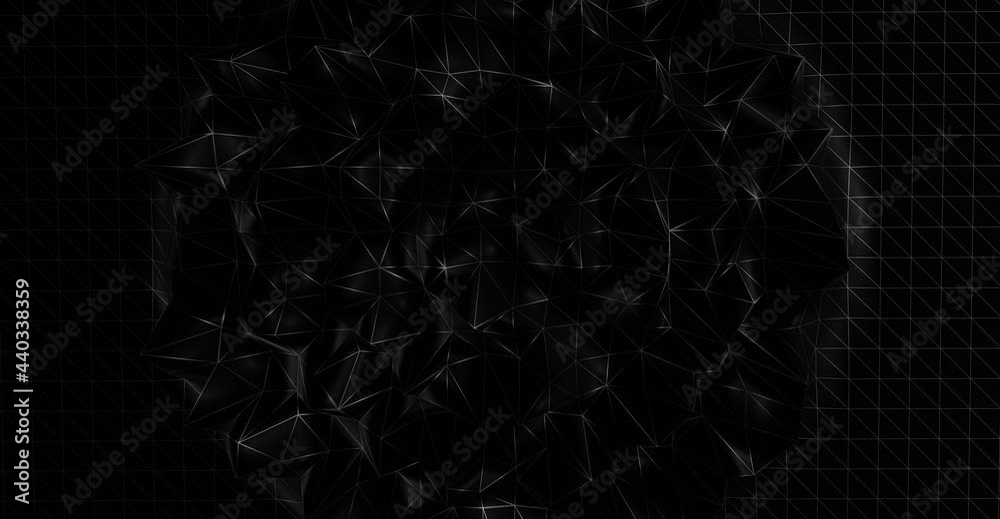 Mesh polygonal dark waves spreading over surface. Geometric 3d render deforming patterns diverging from center. Dynamic black triangles with white lattice spreading out in chaotic randomness