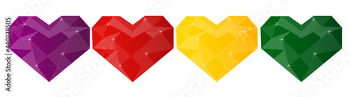 Crystal polygonal heart shape symbol, gem, shiny red ruby heart, purple amethyst, yellow golden sapphire and green emerald heart