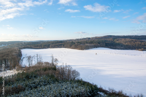 View of a winter snowy landscape with a small hill, forest and blue sky