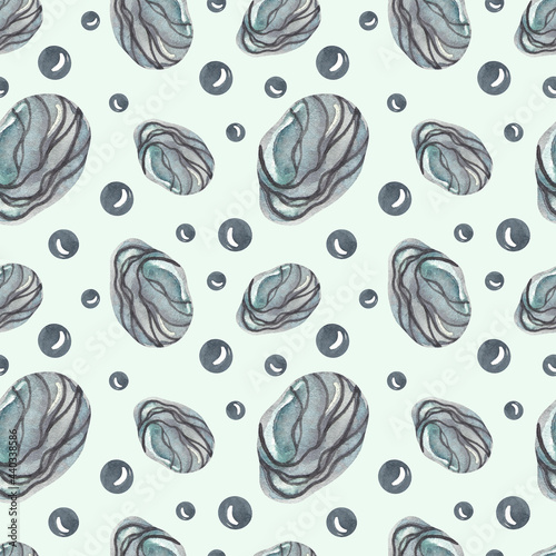 Seamless watercolor print. Pattern on the marine theme. Sea stones on a turquoise background. Sea pebbles with streaks.