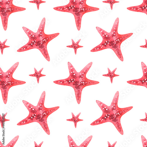 Seamless watercolor pattern. Red starfishes on a white background. Watercolor starfish. Handmade print. Marine pattern.