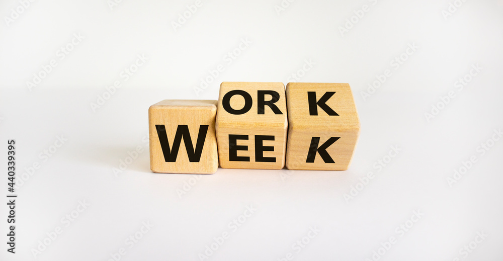 Work week symbol. Turned wooden cubes with words 'Work week'. Beautiful white background. Work week and business concept. Copy space. Work week symbol. Turned wooden cubes with words 'Work week'. Beautiful white background. Work week and business concept. Copy space.