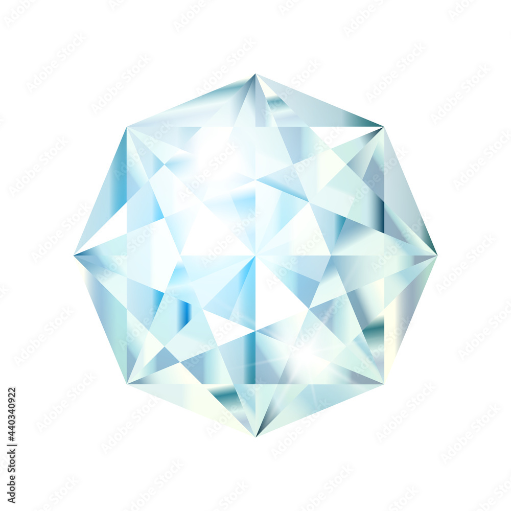 Realistic 3d diamond isolated on white background. One beautiful jewel or brilliant. Glossy glass stone. Gem for game icon. Gemstone or crystal for jewelry store logo. Vector illustration EPS10 Realistic 3d diamond isolated on white background. One beautiful jewel or brilliant. Glossy glass stone. Gem for game icon. Gemstone or crystal for jewelry store logo. Vector illustration EPS10
