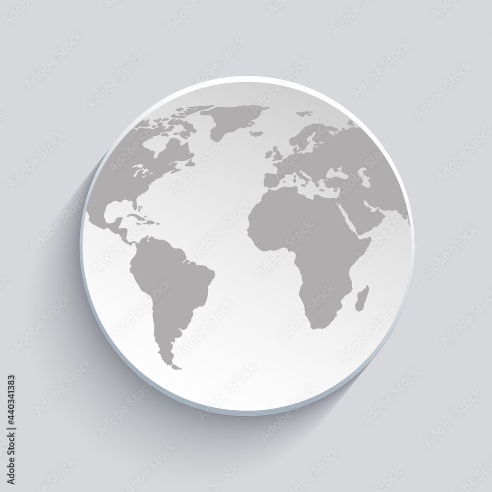 illustration of globe with world map and shadow on gray background