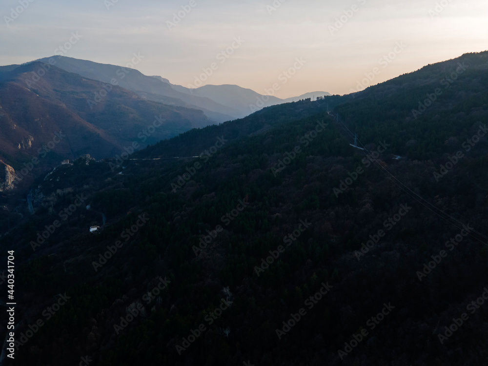 Aerial sunset view of Rhodope Mountains near Asenovgrad, Bulgaria