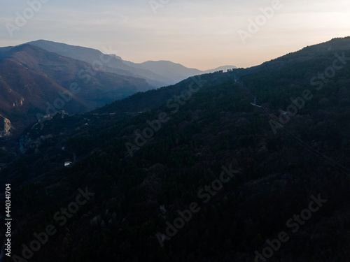 Aerial sunset view of Rhodope Mountains near Asenovgrad  Bulgaria