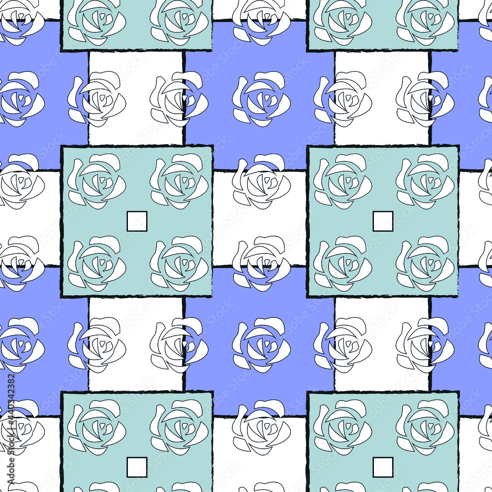 Seamless pattern with colored squares and roses. Geometric figures.