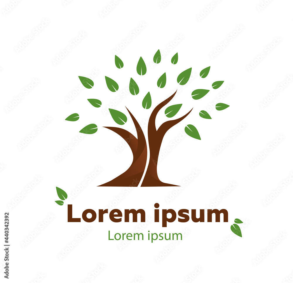 Green tree with brown trunk. Ecology logo. Vector