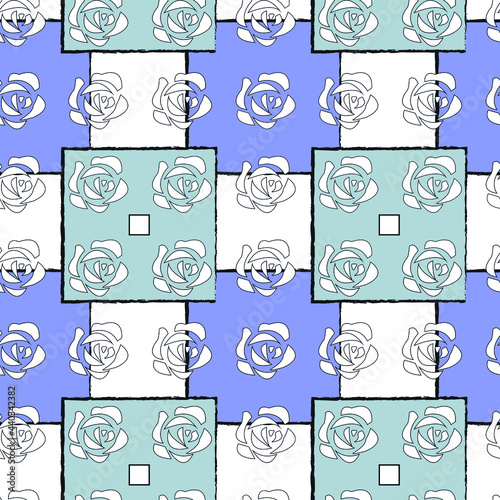 Seamless pattern with colored squares and roses. Geometric figures.