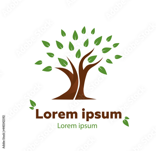 Green tree with brown trunk. Ecology logo. Vector
