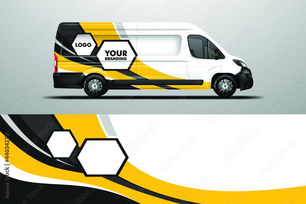 Naklejka premium Car Wrap Van company design vector. Graphic background designs for vehicle livery .