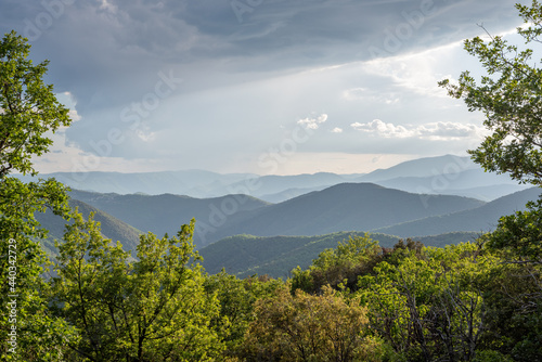 Sunset in the southern French Cevennes. Hilly landscape  panorama