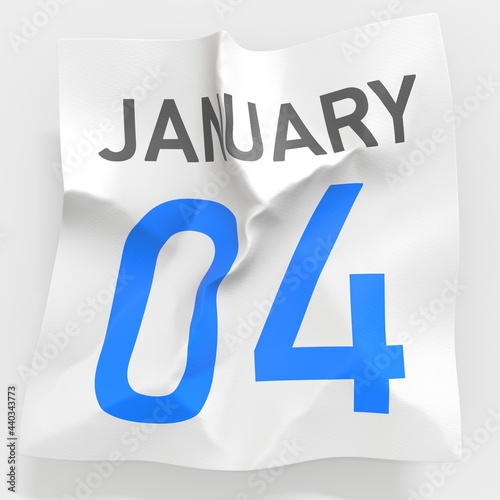 January 4 date on crumpled paper page of a calendar, 3d rendering