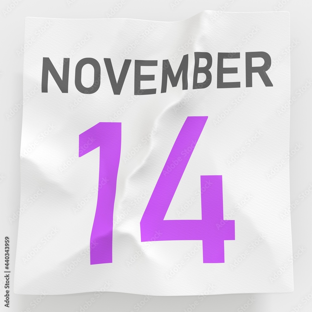 Fototapeta premium November 14 date on crumpled paper page of a calendar, 3d rendering