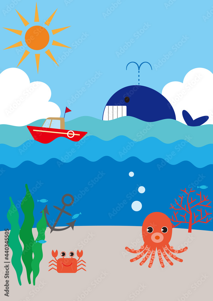 Naklejka premium Sea Landscape Background, Blue Sky, Cumulonimbus, Sunshine, Whale, Boat, Octopus, Seaweed, Coral, Anchor