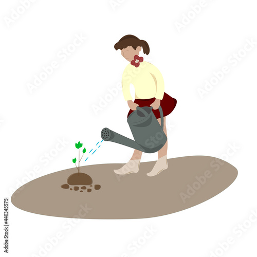 The child is planting a tree.
The girl waters the sprout.
The concept of the birth of a new life.
Watering plants in the garden. Gardening or horticulture concept. Flat vector illustration.