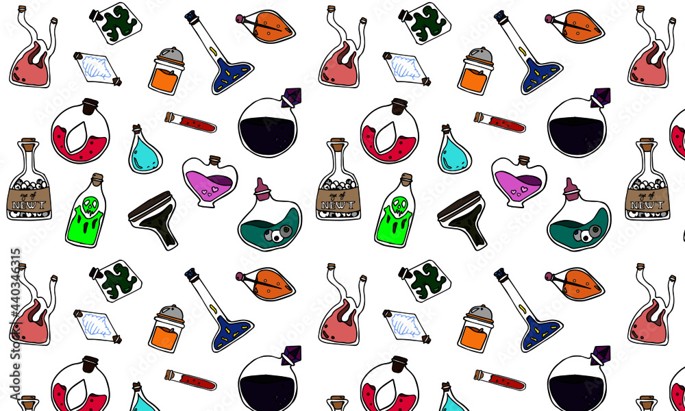 Seamless potion bottle illustrated pattern. Various bottles in a ...