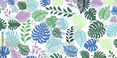 Background with exotic jungle plants. Tropical palm leaves. Rainforest illustration, multicolored on white.