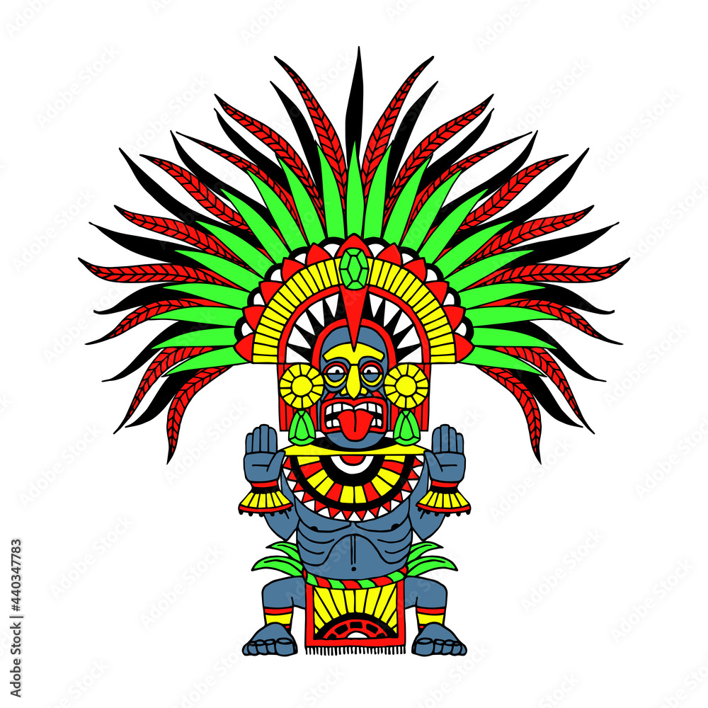 indian decorative totem, Aztec god wearing a feather crown, masked shaman, tiki statue, color vector illustration with black ink contour lines isolated on a white background in cartoon style indian decorative totem, Aztec god wearing a feather crown, masked shaman, tiki statue, color vector illustration with black ink contour lines isolated on a white background in cartoon style