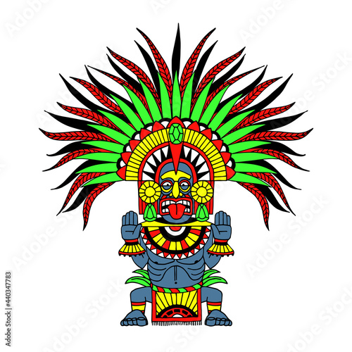 indian decorative totem, Aztec god wearing a feather crown, masked shaman, tiki statue, color vector illustration with black ink contour lines isolated on a white background in cartoon style
