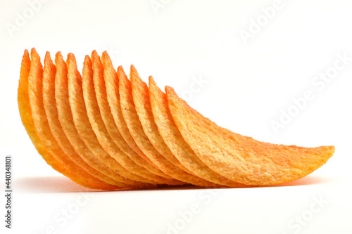 paprika savoury snack dehydrated potatoes Set of delicious potato chips, isolated on white background