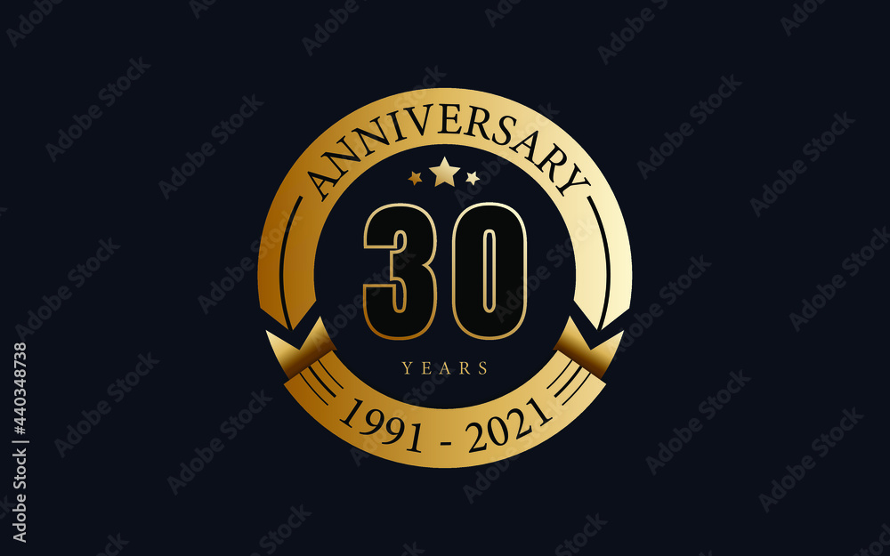 30 years anniversary. Golden seal with stars.