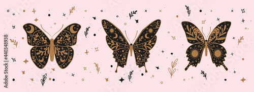 Vector set of linear Boho Butterflies, stars, moon, and sun -  folk art design elements for decoration or logo design templates in modern minimalist style.