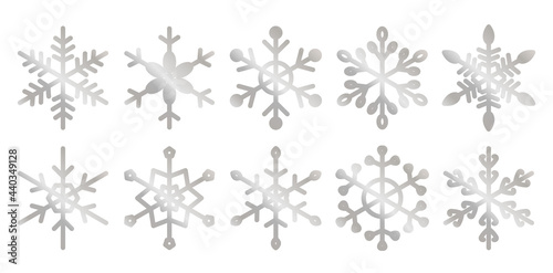 Snowflakes bright shiny gradient silver set isolated on a white background for decorating cards, scrapbooking, notebooks, stationery, toys. Templates and stickers. Wrapping paper. Design element