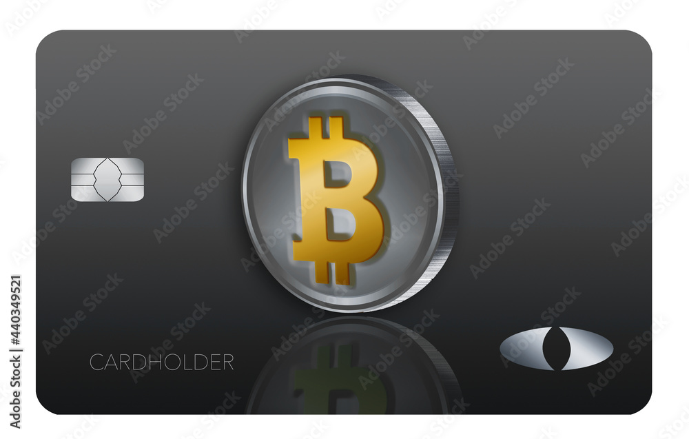 A bitcoin credit card is seen in this 3-d illustration about cryptocurrency via credit and debit cards.. A bitcoin credit card is seen in this 3-d illustration about cryptocurrency via credit and debit cards..