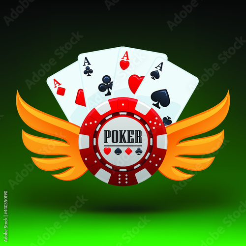 Poker tournament. Vector illustration. Four playing cards and a gambling chip on green background with golden wings. Casino banner concept. Online casino, gambling concept, poker mobile app icon.