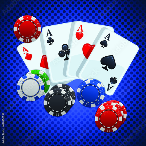 Four playing cards and gambling chips. Vector illustration. Four playing cards and a gambling chip on blue background. Casino banner concept. Online casino, gambling concept.
