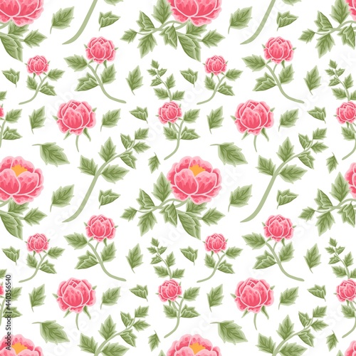Vintage red peony floral seamless pattern with flower buds and leaf branches
