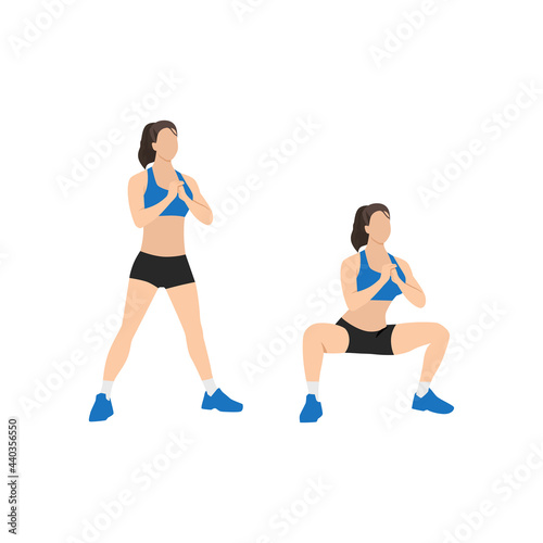 Woman doing Bodyweight sumo. Wide stance squats exercise. Flat vector illustration isolated on white background