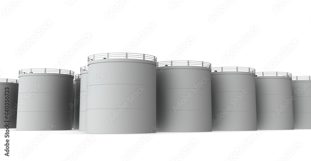 大量に並ぶ処理水タンク。白バック。3Dレンダリング。