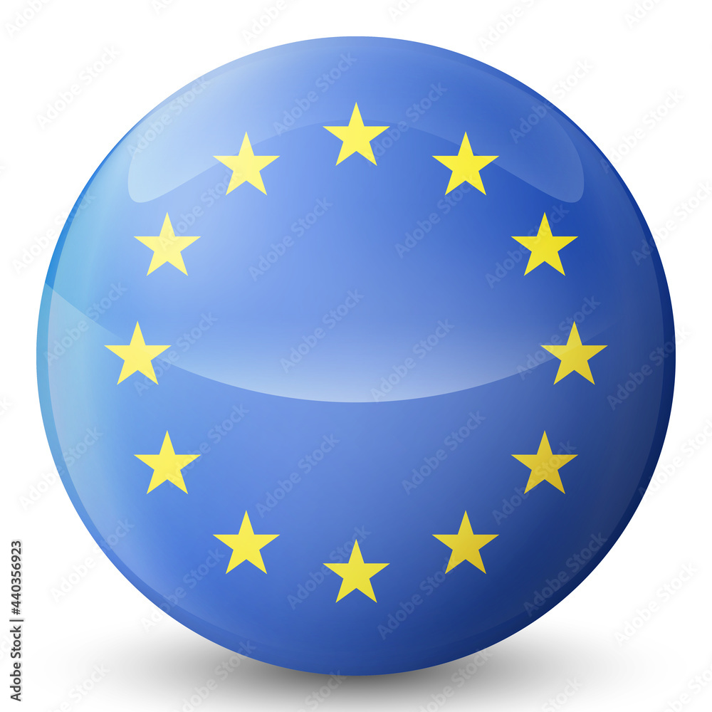 Glass light ball with European Union flag. Round sphere, template icon. EU national symbol. Glossy realistic ball, 3D abstract vector illustration highlighted on a white background. Big bubble Glass light ball with European Union flag. Round sphere, template icon. EU national symbol. Glossy realistic ball, 3D abstract vector illustration highlighted on a white background. Big bubble
