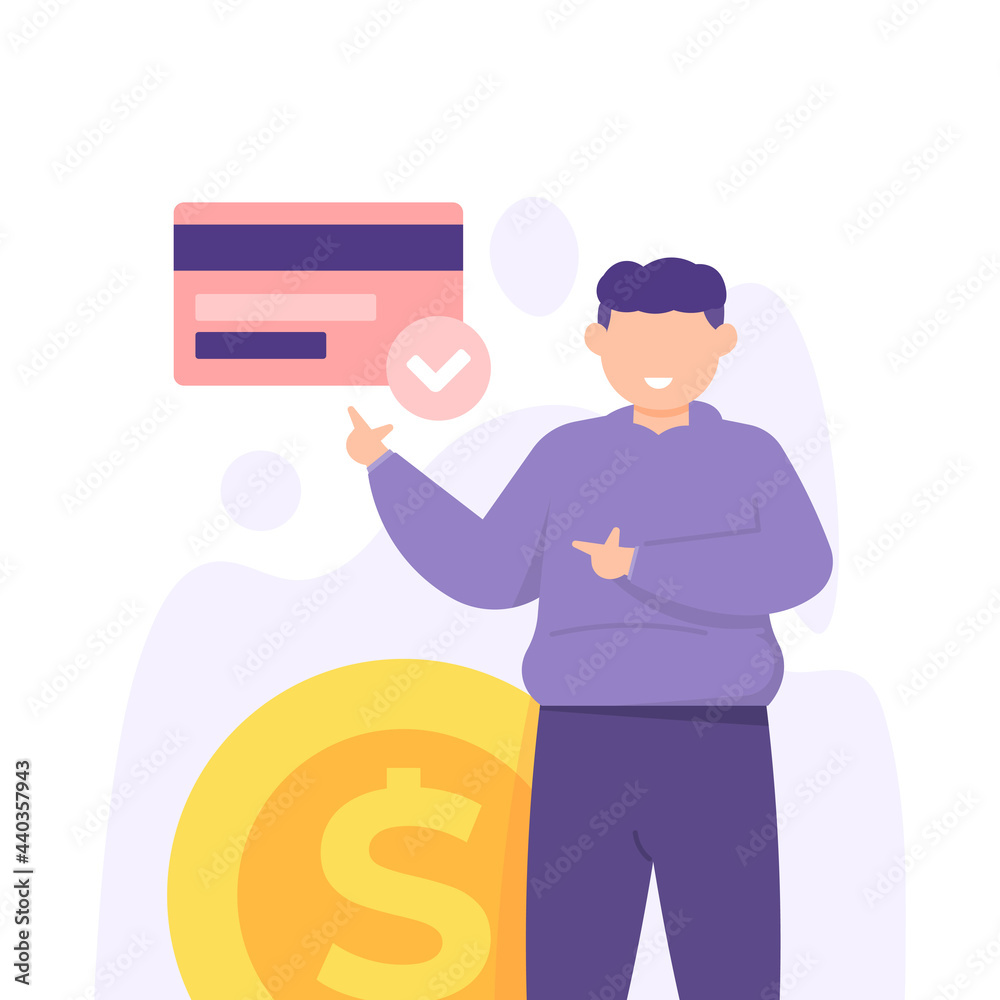 illustration of a man presenting or showing something. secure payment or transaction concept. transaction protection. ATM cards and coins. flat cartoon style. vector design illustration of a man presenting or showing something. secure payment or transaction concept. transaction protection. ATM cards and coins. flat cartoon style. vector design