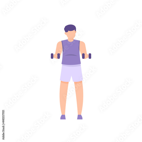 illustration of a man lifting two dumbbells. sports activities. weightlifting. train and build hand muscles. flat cartoon style. vector design