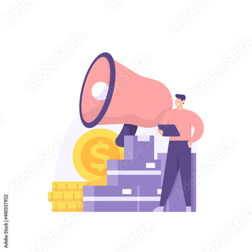 distributor and reseller concept. online store. marketplace or e-commerce business. illustration of a man who wants to resell or ship an item. package box. flat cartoon style. vector design