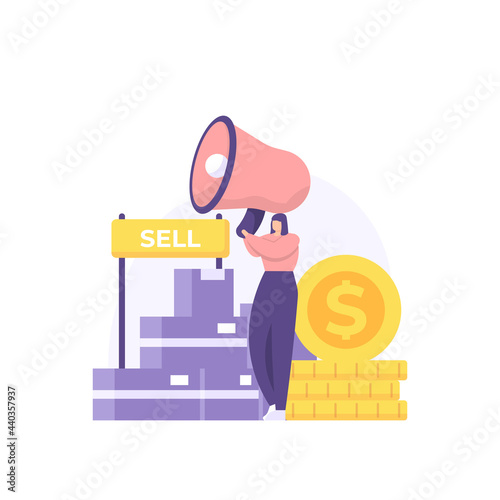distributor and reseller concept. online store. marketplace or e-commerce business. illustration of a woman who wants to resell or ship an item. package box. flat cartoon style. vector design
