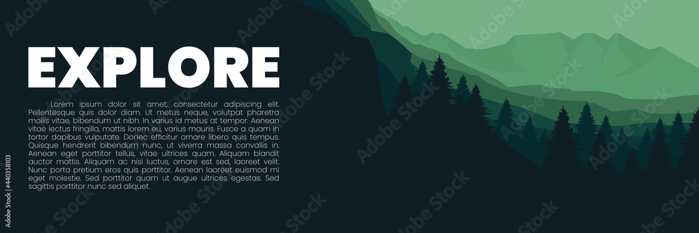 explore forest mountain flat design vector banner template good for web banner, ads banner, tourism banner, wallpaper, background template, and adventure design backdrop	
